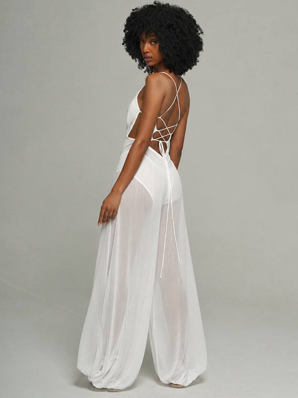 Sheer-Combo Lace-Up Cami Jumpsuit -- pre-order on 31th July