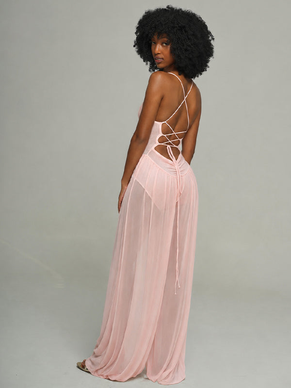 Sheer-Combo Lace-Up Cami Jumpsuit -- pre-order on 31th July
