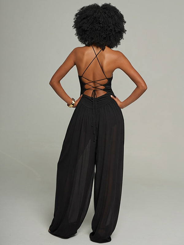 Sheer-Combo Lace-Up Cami Jumpsuit -- pre-order on 31th July