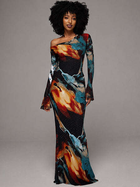 Printed Boat-Neck Maxi Dress