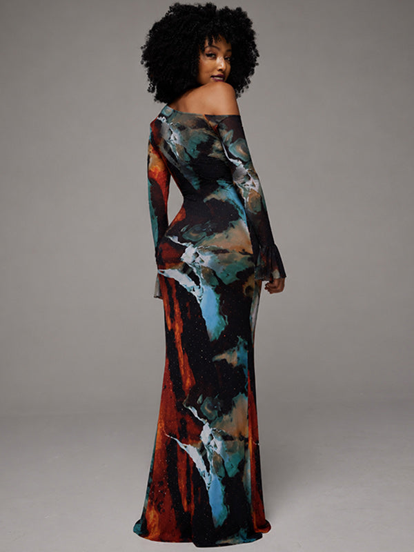 Printed Boat-Neck Maxi Dress