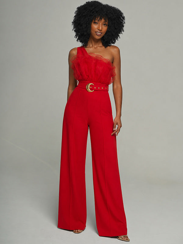Sheer-Combo One-Shoulder Belted Jumpsuit