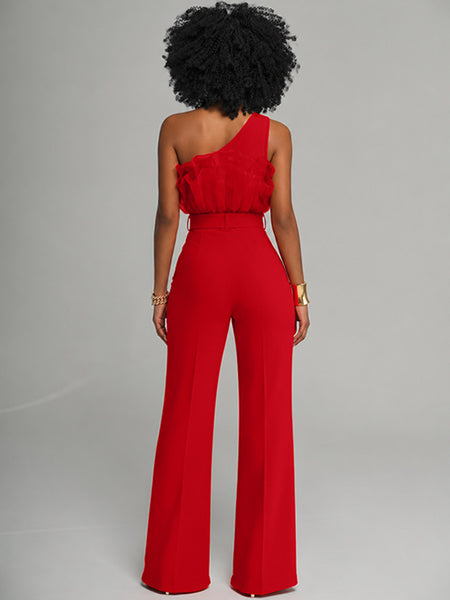 Sheer-Combo One-Shoulder Belted Jumpsuit
