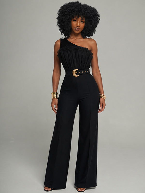 Sheer-Combo One-Shoulder Belted Jumpsuit