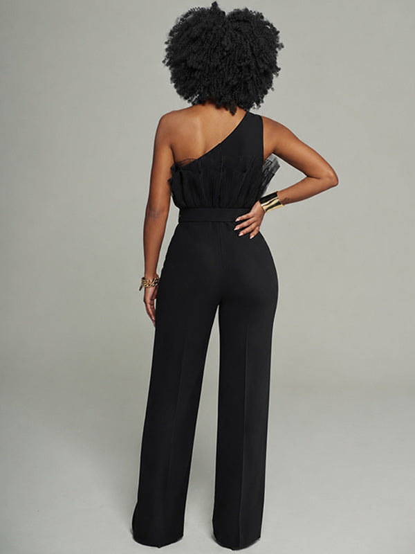 Sheer-Combo One-Shoulder Belted Jumpsuit