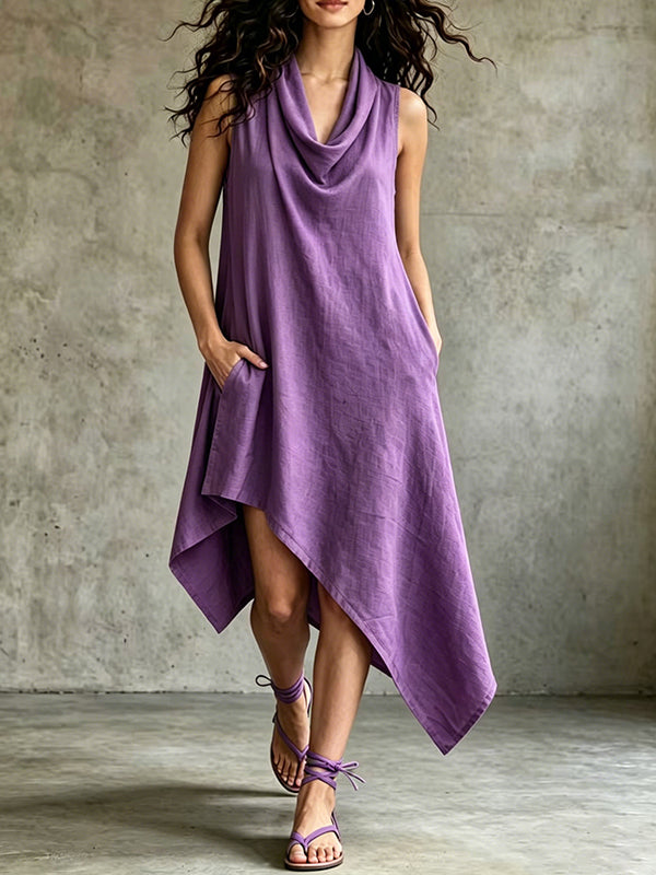 Asymmetric Cowl-Neck Sleeveless Dress