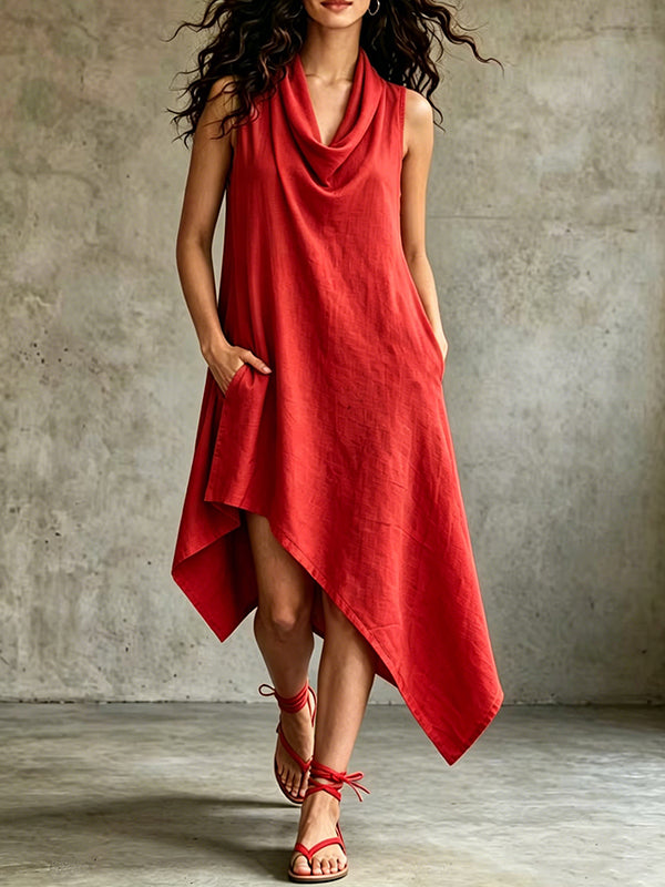 Asymmetric Cowl-Neck Sleeveless Dress