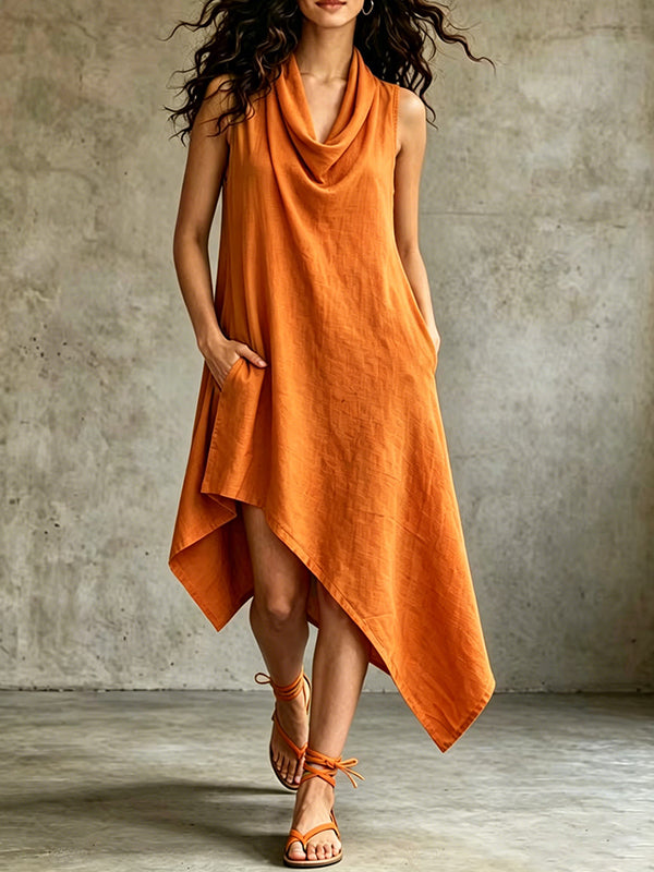 Asymmetric Cowl-Neck Sleeveless Dress