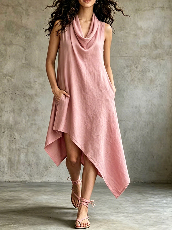 Asymmetric Cowl-Neck Sleeveless Dress
