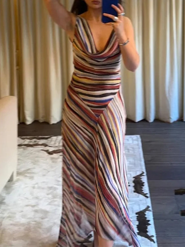 Stripe Cowl-Neck Sleeveless Dress