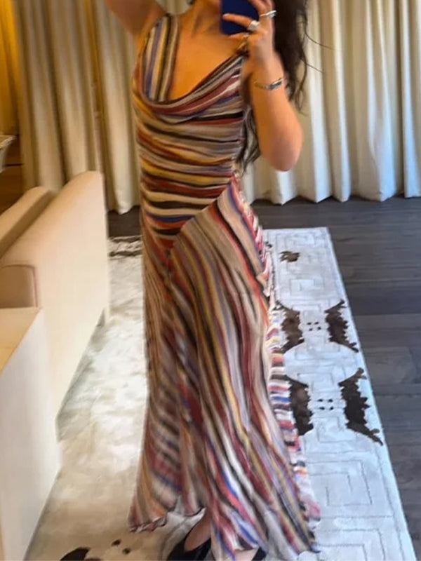 Stripe Cowl-Neck Sleeveless Dress