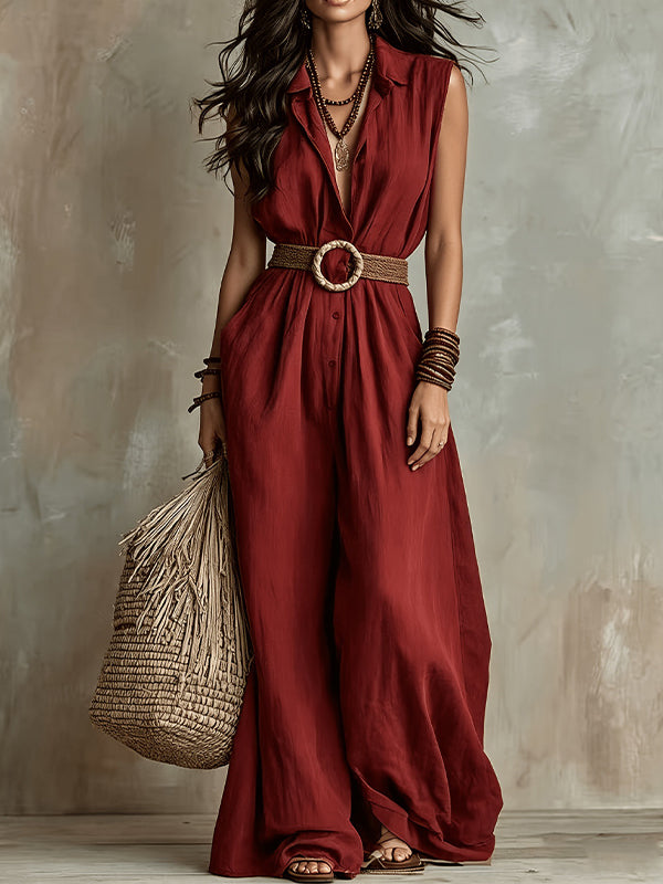 Button-Front Wide-Leg Sleeveless Jumpsuit