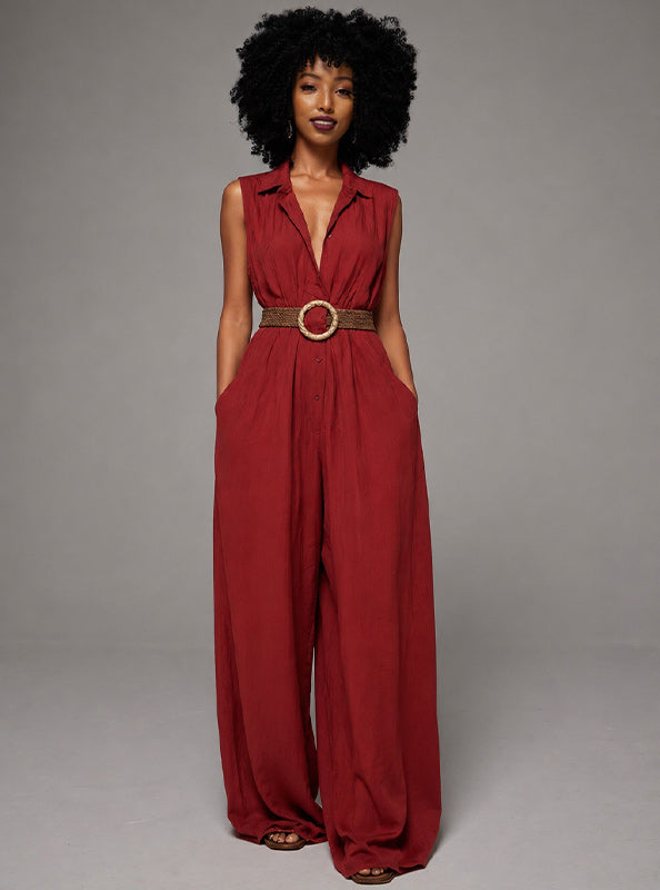 Button-Front Wide-Leg Sleeveless Jumpsuit