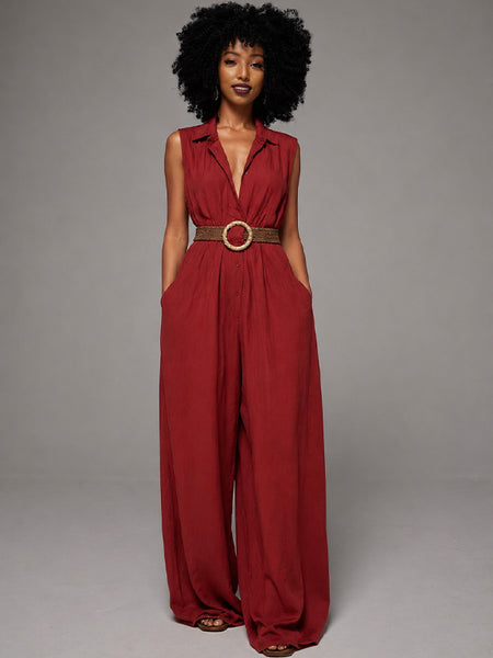 Button-Front Wide-Leg Sleeveless Jumpsuit