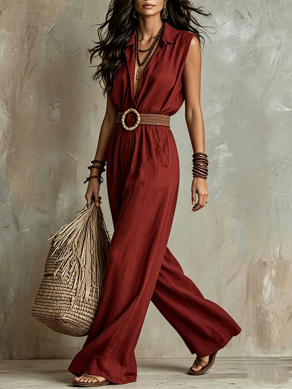Button-Front Wide-Leg Sleeveless Jumpsuit