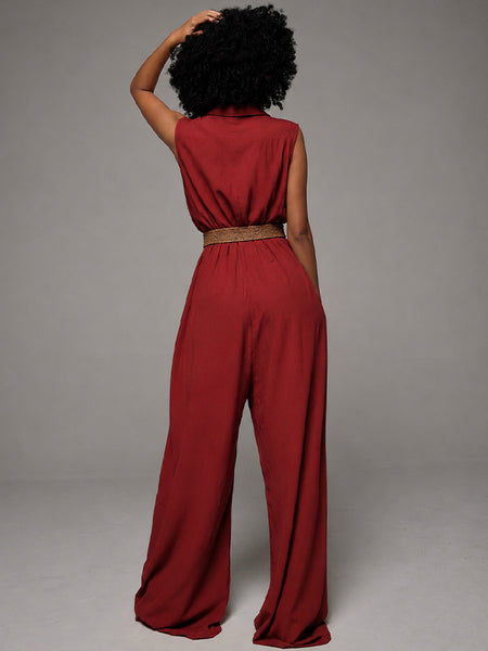 Button-Front Wide-Leg Sleeveless Jumpsuit