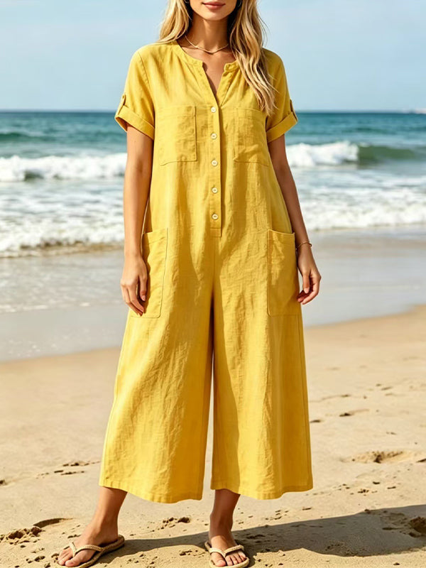 Button-Front Wide-Leg Jumpsuit