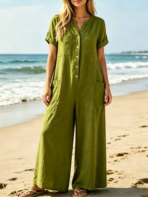 Button-Front Wide-Leg Jumpsuit