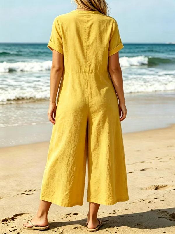 Button-Front Wide-Leg Jumpsuit