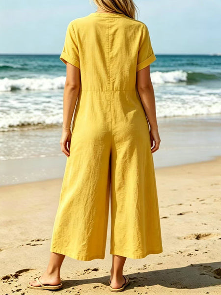 Button-Front Wide-Leg Jumpsuit