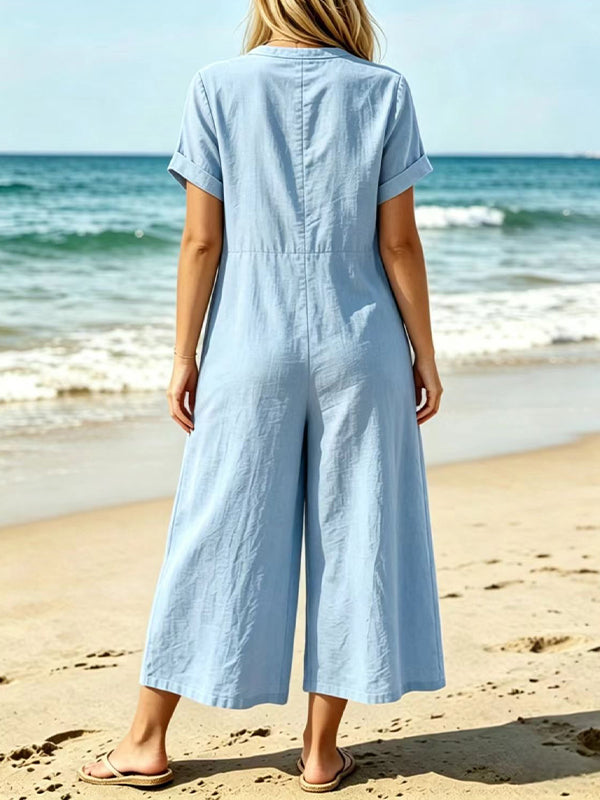 Button-Front Wide-Leg Jumpsuit