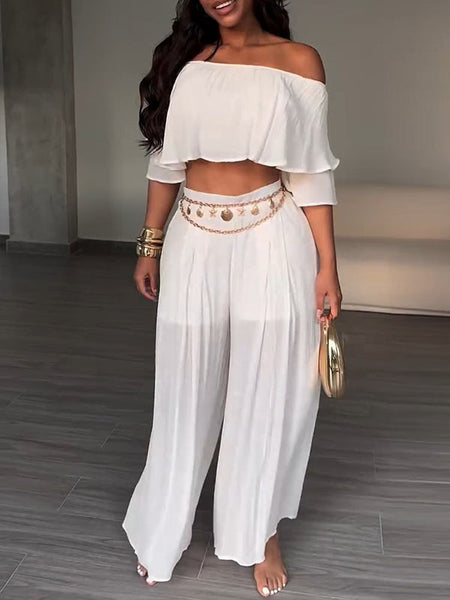 Solid Off-Shoulder Top & Pants Set