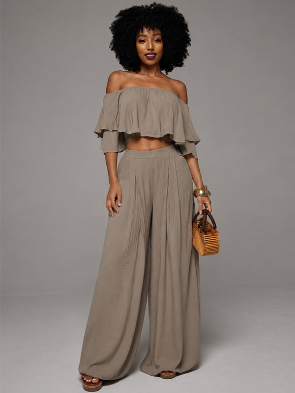 Solid Off-Shoulder Top & Pants Set