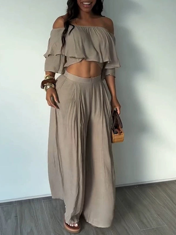 Solid Off-Shoulder Top & Pants Set