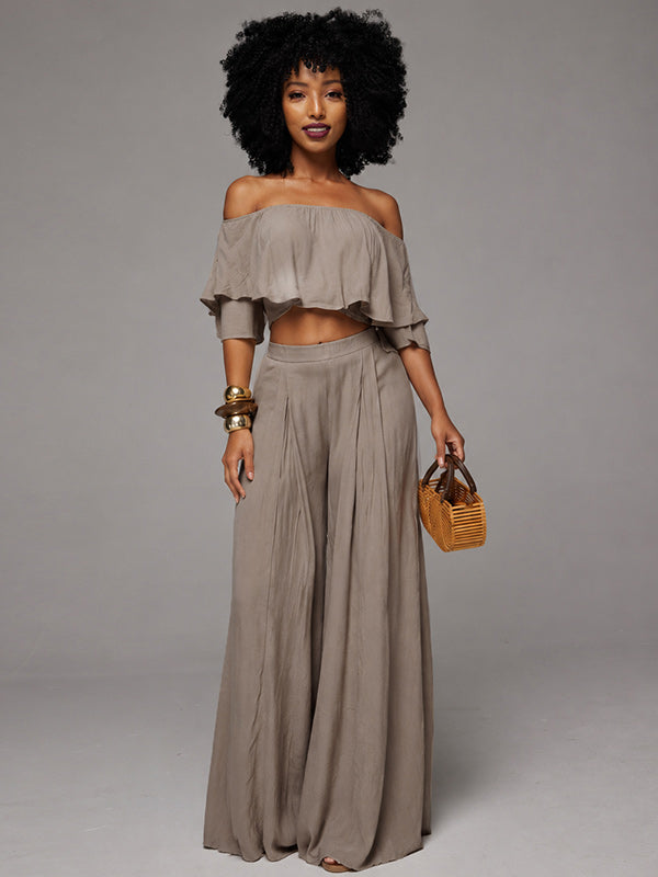Solid Off-Shoulder Top & Pants Set