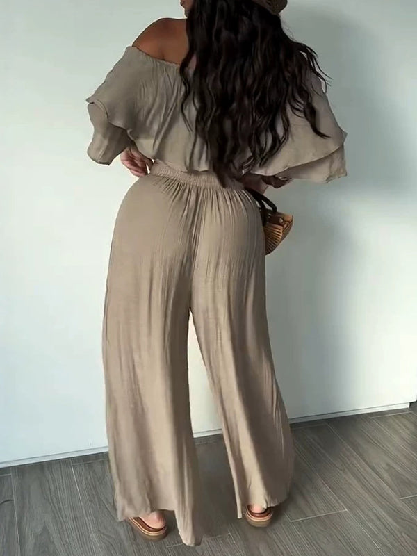 Solid Off-Shoulder Top & Pants Set