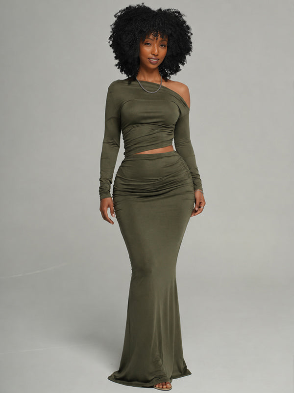 Solid Boat-Neck Top & Skirt Set