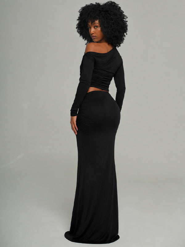 Solid Boat-Neck Top & Skirt Set