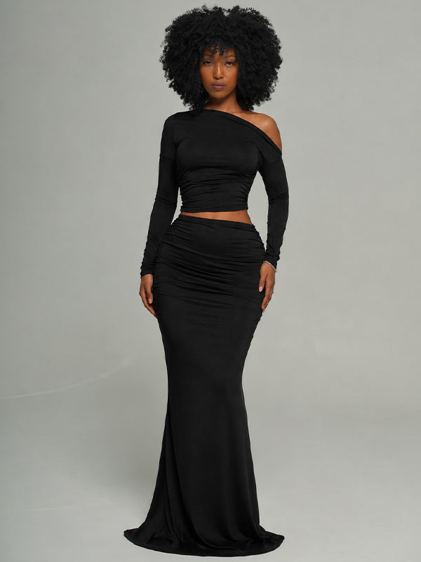 Solid Boat-Neck Top & Skirt Set