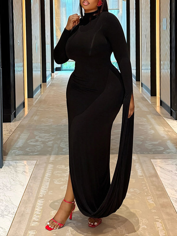Mock-Neck Side-Slit Dress