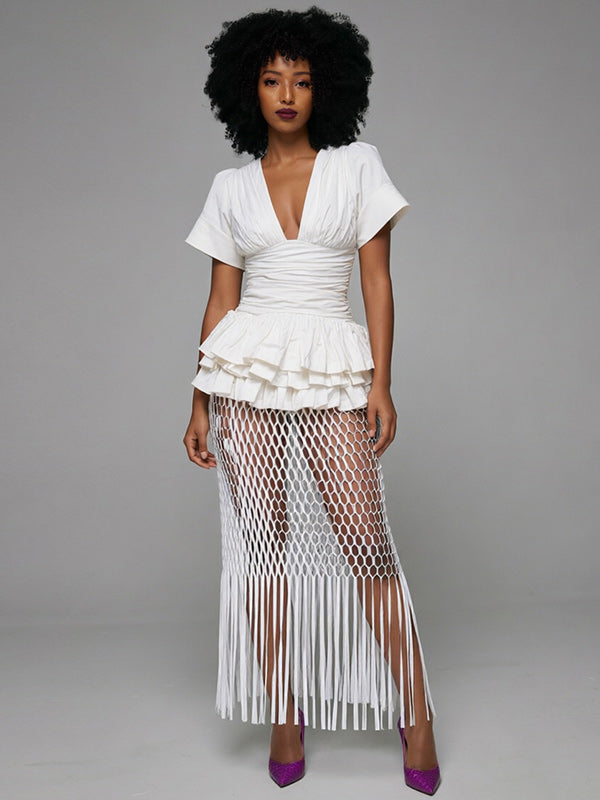 Ruffle V-Neck Top & Fringe Mesh Skirt Set