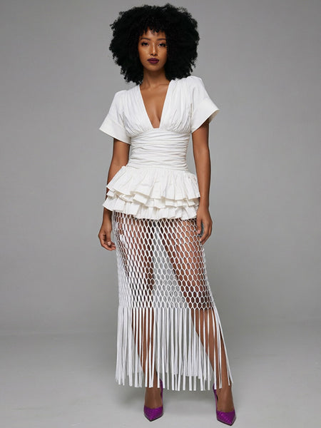 Ruffle V-Neck Top & Fringe Mesh Skirt Set