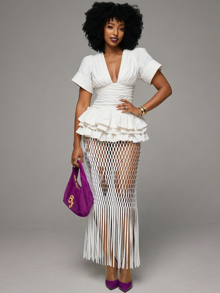 Ruffle V-Neck Top & Fringe Mesh Skirt Set