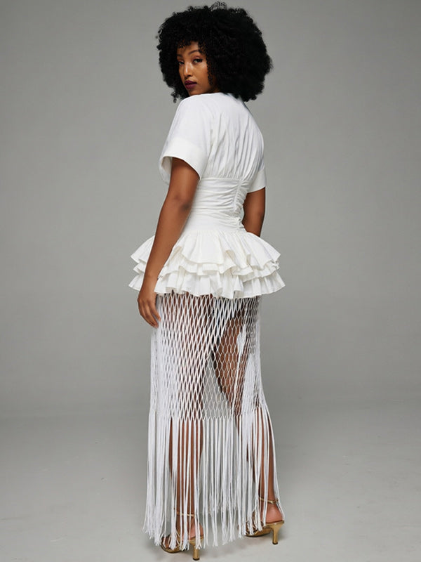 Ruffle V-Neck Top & Fringe Mesh Skirt Set