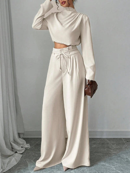 Solid Mock-Neck Top & Wide-Leg Pants Set