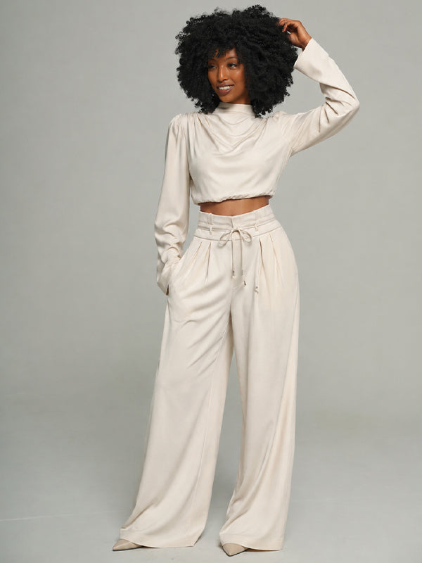 Solid Mock-Neck Top & Wide-Leg Pants Set