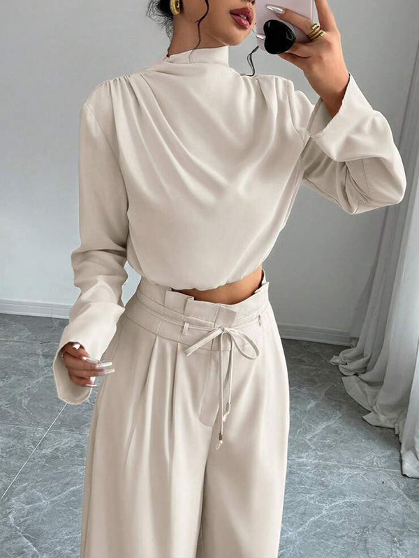 Solid Mock-Neck Top & Wide-Leg Pants Set