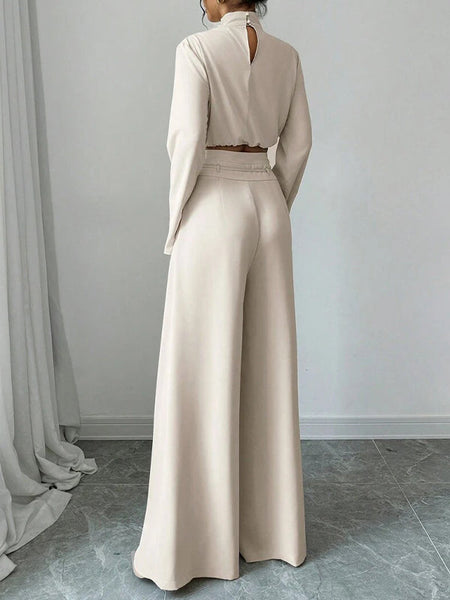 Solid Mock-Neck Top & Wide-Leg Pants Set