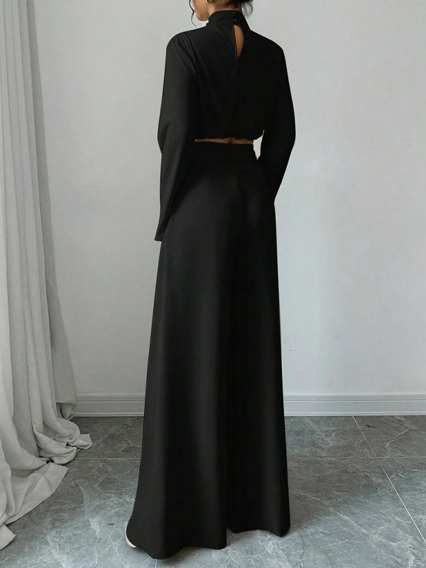 Solid Mock-Neck Top & Wide-Leg Pants Set