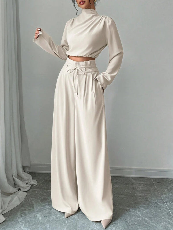 Solid Mock-Neck Top & Wide-Leg Pants Set