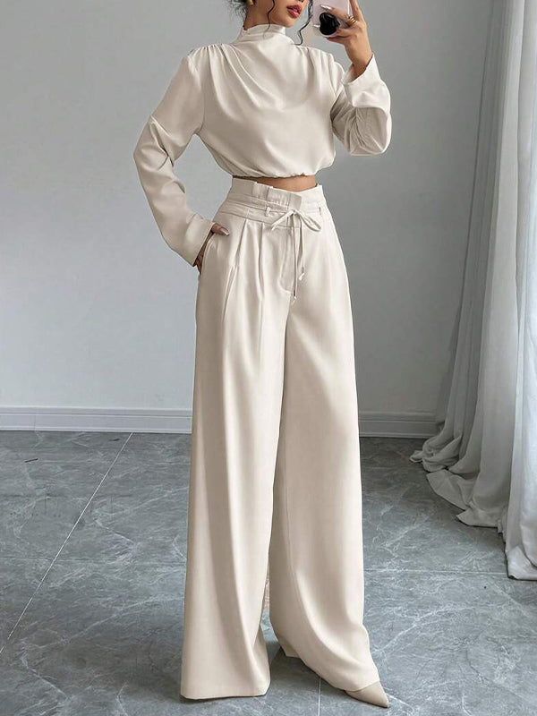 Solid Mock-Neck Top & Wide-Leg Pants Set
