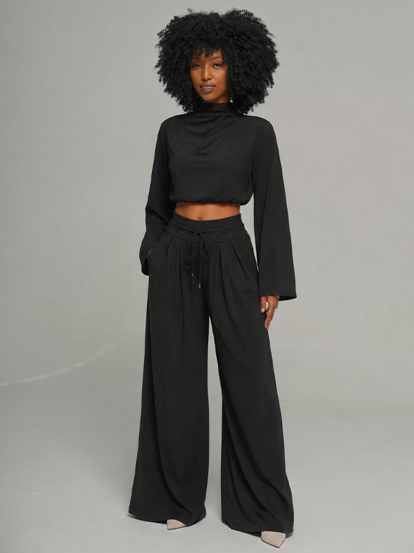 Solid Mock-Neck Top & Wide-Leg Pants Set