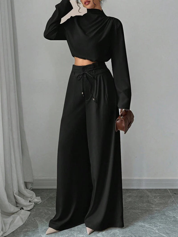 Solid Mock-Neck Top & Wide-Leg Pants Set