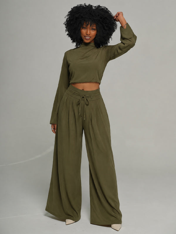 Solid Mock-Neck Top & Wide-Leg Pants Set
