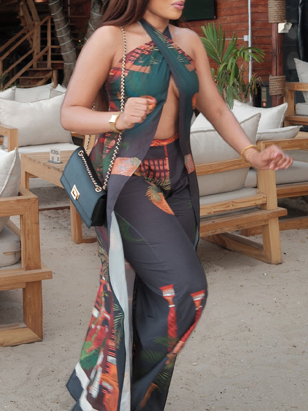 Printed Halter Tunic Top & Pants Set