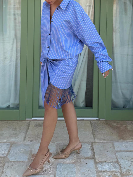 Stripe Shirt & Fringe Skirt Set